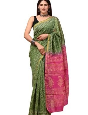Voltrix Eddika Hand Block Printed Pure Chanderi Silk Saree | Chanderi Silk Saree for Women (L)