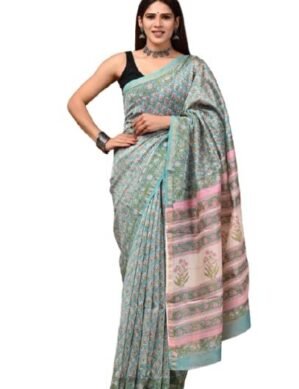 Voltrix Eddika Hand Block Printed Pure Chanderi Silk Saree | Chanderi Silk Saree for Women (M)