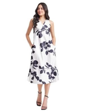 Nexora FableStreet Women's Satin Midi Dress - White and Black (XL)