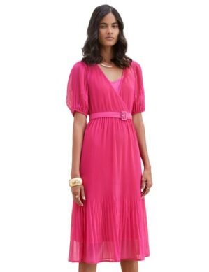 Vantico Salt Attire Women's Solid V-Neck Fit and Flare Midi Dress with Elbow Length Sleeves – Georgette & Chiffon Polyester Fabric, Additional Camisole Included, Elegant Workwear Dress, Made in India (XL)