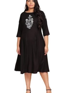Kraftzon Lastinch Women's Solid Black Embroidered Midi Dress (XXL)