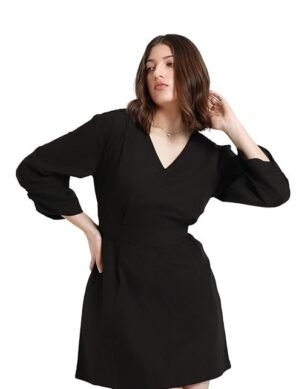 Elaro DL Woman V-Neck Solid A-line Belted Dress. (M)