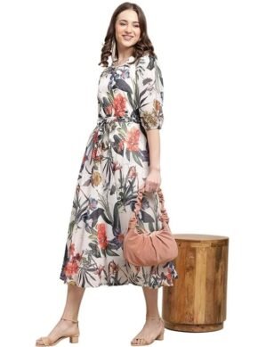 Elaro Preneum Women's Maxi Fit & Flare Print Georgette Regular Sleeves Casual Dress (L)