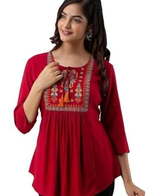 Lumion Avayayat Short Kurti for Women| Embroidered Straight Rayon Kurta | Round Neck Full Sleeves Short Kurti | Tunic Tops for Women for Women's (L)