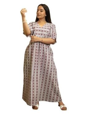 Kraftzon THE SAFFRON SAGA Women's Cotton Long Printed Nighty Dress | Soft & Comfortable Sleepwear with Stylish Design | Breathable & Relaxed Fit Nightwear (S)