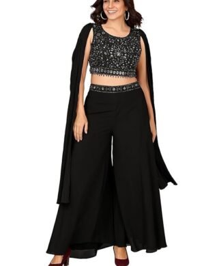 Kraftzon Varni Fabrics Women's Georgette Palazzo Set with Sequence Embroidery, Crop Top with Cape (XXL)