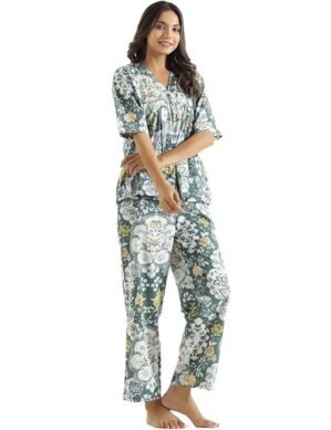 Elaro SAY Night Suit for Womens Cotton Top and Pyjama Night Suit Set Lounge Wear Night Dress for Women - Green (L)