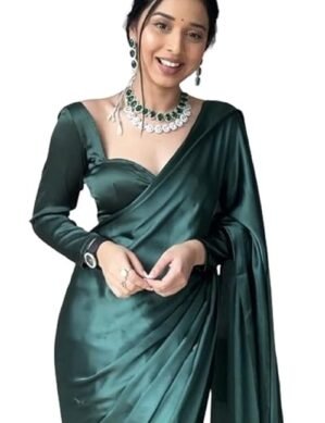 Nexora SATAZ Women's Ready to Wear Castleton Green Plain Satin Silk Sari. (S)
