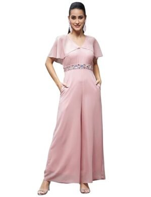 Nexora Miss Chase Women's Georgette V-Neck Cape Solid Layered Regular Jumpsuit (S)