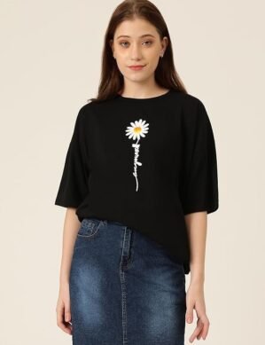 Voltrix KOTTY Women's Cotton Blend Black Printed Oversized T-Shirts (XL)
