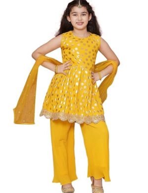 Lumion AJ DEZINES Kids Ethnic Wear Motif Foil Printed Frock Style Salwar Suit Set For Girls With Dupatta (S)