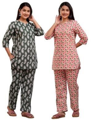 Lumion LAKESE Cotton Printed Night Suit for Women's Shirt and Pyjama Sleep wear Set for Womens and Girls Combo Pack (M)
