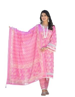 Zenova PINK GALAXY Women Kurta Sets With Dupatta Cotton Lace Work Straight Pink Kurta with Pant Dupatta Set | Lace Work Kurta Trouser Set (L)