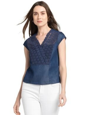 Voltrix SHAYE Stylish V-Neck Blue Solid Short Sleeves Casual Tops for Women (M)