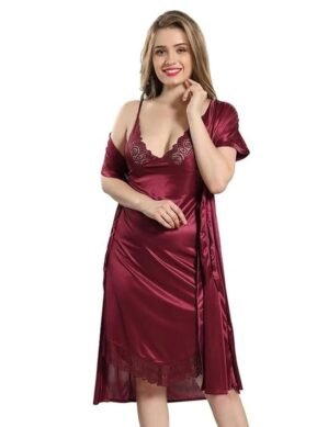 Nexora AV2 Women Satin Short Nighty with Lace & Robe 1306. (XL)