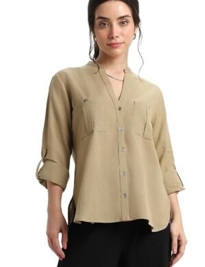 Nexora DL Women's Stylized Shirt Style Top with Roll Up Sleeves, Regular Fit Solid. (XL)