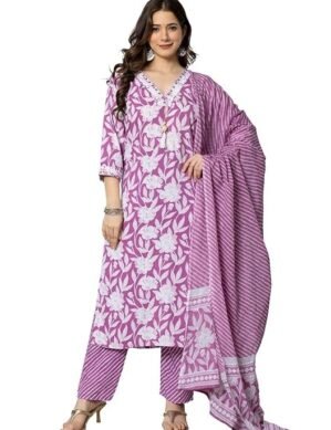 Auralis Rytras Women's Pure Cotton Printed Straight Kurta Set with Palazzo Pants. (XL)