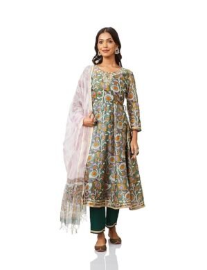 Auralis Myx Women's Silk Chanderi Handblock Printed Authentic Kurta Set with Dupatta (Anarkali | Sanganeri Print) (XL)