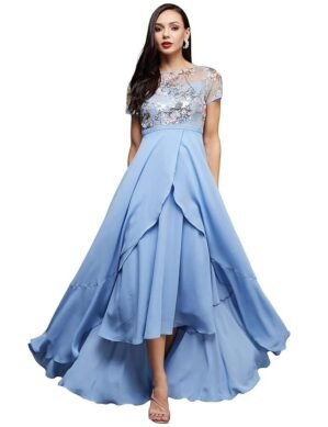 Kraftzon Miss Chase Women's Round Neck Short Sleeve Floral Layered Midi Dress (S)