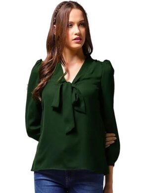 Zenova Stylistico Women Office Top Solid v Neck Work wear Full Sleeves top Formal Vneck Plain Balloon top tie up (XL)