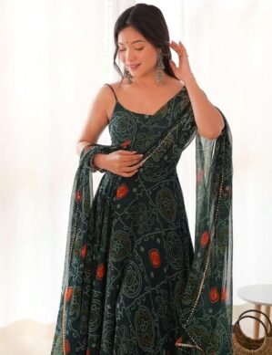 Elaro FIBREZA Women Printed Traditional Sleeveless Flared Long Gown. (M)