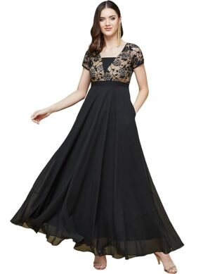 Auralis Life with Pockets Women's Square Neck Short Sleeves Self Design Lace Overlaid Georgette Maxi Dress (S)