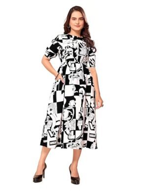 Kraftzon Masalli Fashion Women's Black & White Printed Midi Dress with Pocket. (XXL)