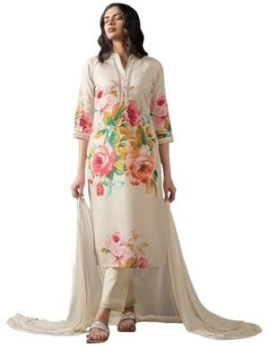 Auralis INDO ERA Linen Women's Printed Straight Kurta Pant With Dupatta. (S)