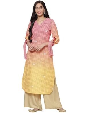 Nexora Rangriti Yellow Liva Straight Kurta, Material composition: Viscose. (M)