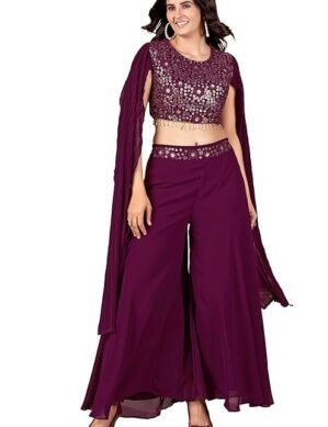 Elaro VARNI FABRICS Women's Wine Georgette Palazzo Set with Sequence Embroidery, Crop Top with Cape (S)