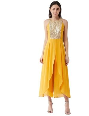 Kraftzon Miss Chase Women's Mustard Halter Neck Sleeveless Solid Embellished Regular Jumpsuit (M)