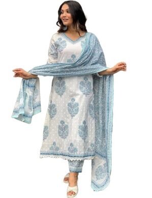 Zenova Nermosa Women Cotton Block Printed Kurta Pant With Dupatta (L)