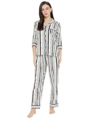 Voltrix Clovia Women's Cotton Sassy Stripes Button Me Up Shirt & Pajama Set. (M)