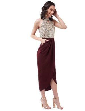 Vantico Miss Chase Women's Wine Halter Neck Sleeveless Solid Embellished Midi. (XXL)