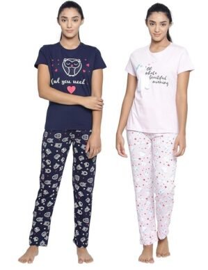 Kraftzon Real Basics Women's Cotton Animal Print Pajama Set Pack of 2 (L)