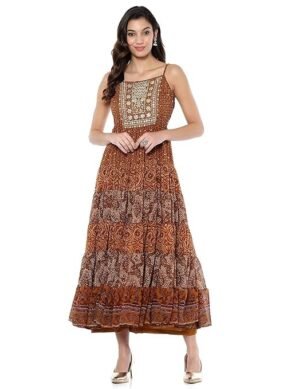 Auralis Women's Fit and Flare Polyester Tie Floor Length Dresses (XL)