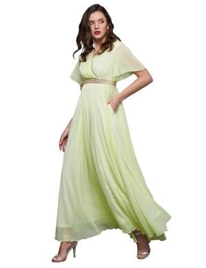 Kraftzon Miss Chase Women's V-Neck Flared/Bell Sleeves Solid Georgette Fit & Flare with Pockets Maxi Dress (XXL)