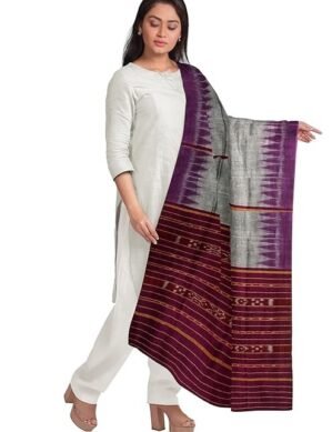 Elaro PRITIsree Women's Solid Sambalpuri Cotton Dupatta with weaving and Ikat woven border from the Weavers of Odisha Temple Border & Ikkat Ladies Girls & Women -126 (XXL)
