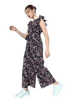 Zenova Miss Chase Women's Round Neck Sleeveless Floral Wide Leg Jumpsuit with Pockets (XXL)