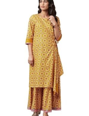 Elaro W for Woman Mustard Yellow Angrakha Jumpsuit In Round Neck (XXL)