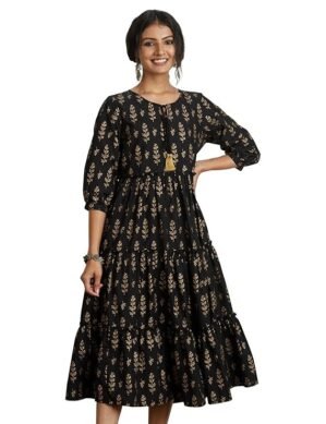 Nexora Myx Women's A-Line Calf Length Printed Tiered Dress in Cotton (XL)