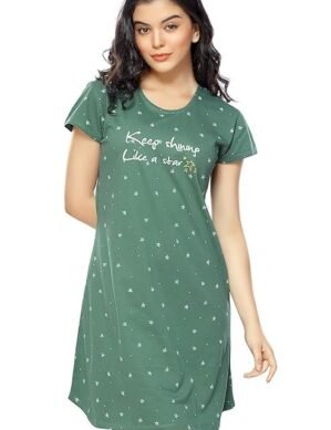 Nexora ZEYO Women's Cotton Night Dress Star Printed Knee Length Night Gown (L)
