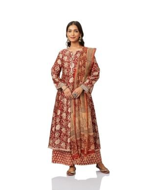 Elaro Myx Women's Silk Chanderi Handblock Printed Authentic Kurta Set with Dupatta (A-Line | Bagru Print) (XXL)