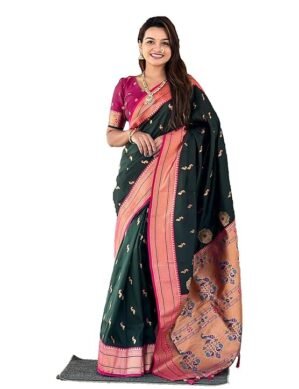 Nexora EKTA textiles women's Soft Paithani Silk Saree with Zari Weaving and Meenakari Design(Pck_Bottle Green) (XXL)
