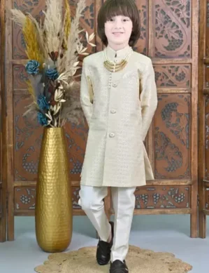 Vantico Boys Wedding Sherwani and Churidar Set (Gold Pack of 1). (XL)