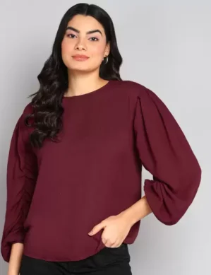 Zenova Casual Balloon Sleeve Solid Women Maroon Top. (L)