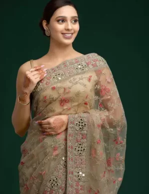 Nexora Embroidered Bollywood Net Saree (Beige). (XL)