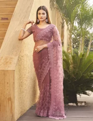 Auralis Embroidered Bollywood Net Saree (Pink) (XXL)