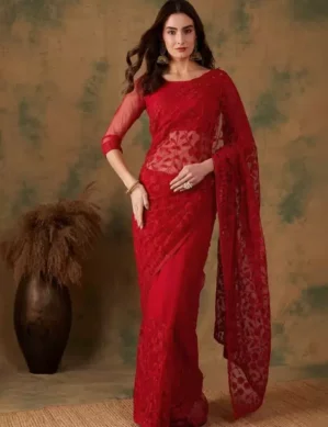 Zenova Embroidered Bollywood Net Saree (Red). (XL)