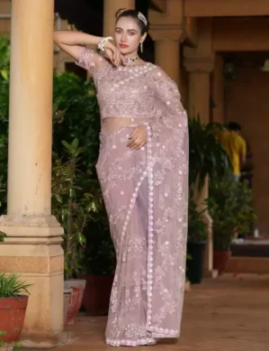 Nexora Embroidered, Embellished Bollywood Net Saree (Pink). (M)